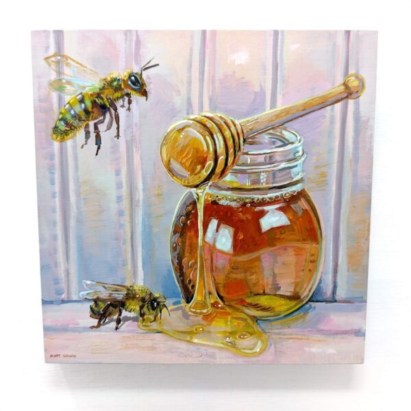 "Honey Bees" original acrylic painting on magnetic canvas panel by Matt Godwin 3"x3"