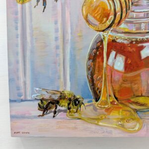 "Honey Bees" original acrylic painting on magnetic canvas panel by Matt Godwin 3"x3"