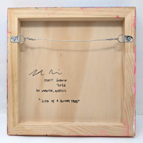 "Lion By A Quiver Tree" original acrylic painting on wood by Matt Godwin 8"x8"