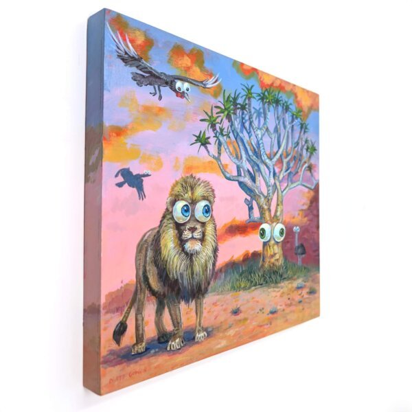 "Lion By A Quiver Tree" original acrylic painting on wood by Matt Godwin 8"x8"