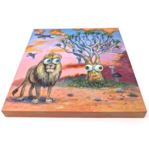 "Lion By A Quiver Tree" original acrylic painting on wood by Matt Godwin 8"x8"