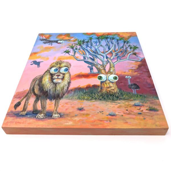 "Lion By A Quiver Tree" original acrylic painting on wood by Matt Godwin 8"x8"