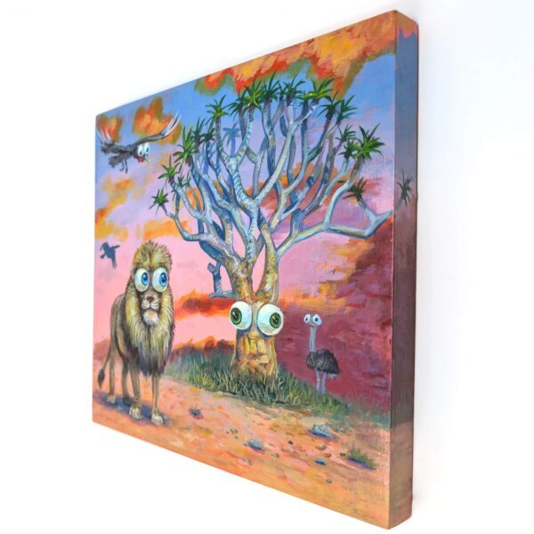 "Lion By A Quiver Tree" original acrylic painting on wood by Matt Godwin 8"x8"