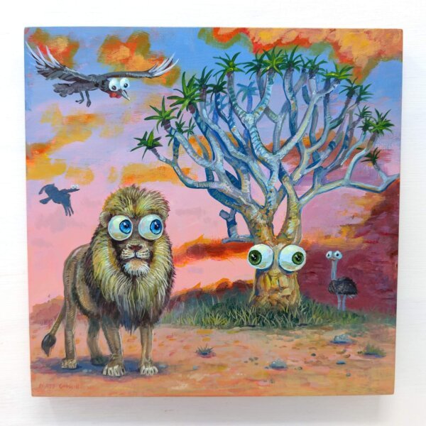 "Lion By A Quiver Tree" original acrylic painting on wood by Matt Godwin 8"x8"