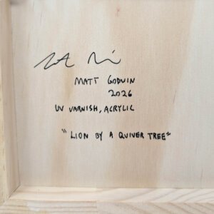 "Lion By A Quiver Tree" original acrylic painting on wood by Matt Godwin 8"x8"
