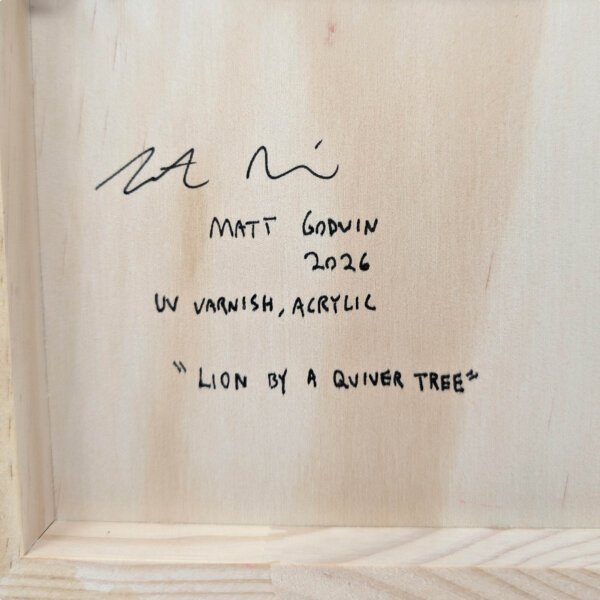 "Lion By A Quiver Tree" original acrylic painting on wood by Matt Godwin 8"x8"
