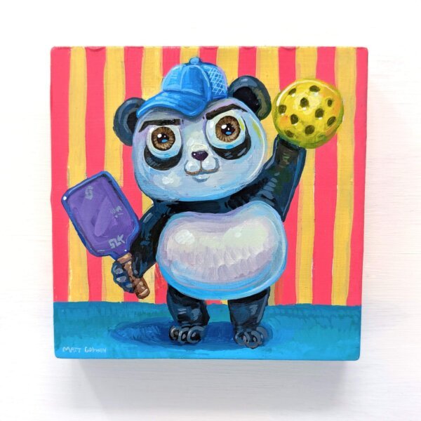 "Pickleball Panda" original acrylic painting on wood by Matt Godwin 4"x4"