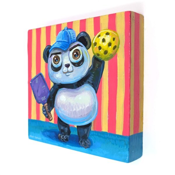 "Pickleball Panda" original acrylic painting on wood by Matt Godwin 4"x4"