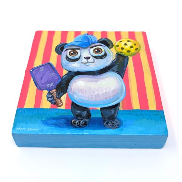 "Pickleball Panda" original acrylic painting on wood by Matt Godwin 4"x4"