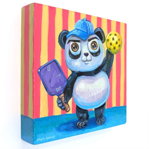 "Pickleball Panda" original acrylic painting on wood by Matt Godwin 4"x4"
