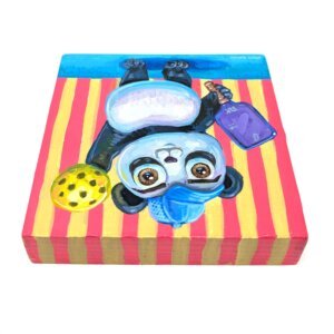 "Pickleball Panda" original acrylic painting on wood by Matt Godwin 4"x4"