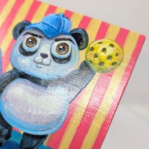 "Pickleball Panda" original acrylic painting on wood by Matt Godwin 4"x4"