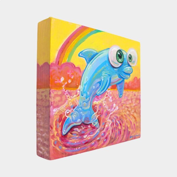 "Rainbow Dolphin" original acrylic painting on wood by Matt Godwin 4"x4"