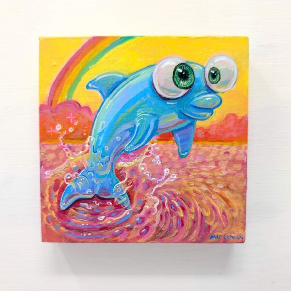 "Rainbow Dolphin" original acrylic painting on wood by Matt Godwin 4"x4"