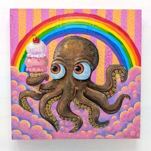 "Rainbow Ice Cream Octopus" original acrylic painting on wood by Matt Godwin 8"x8"