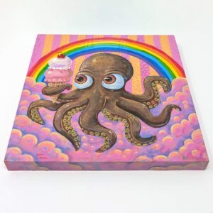 "Rainbow Ice Cream Octopus" original acrylic painting on wood by Matt Godwin 8"x8"