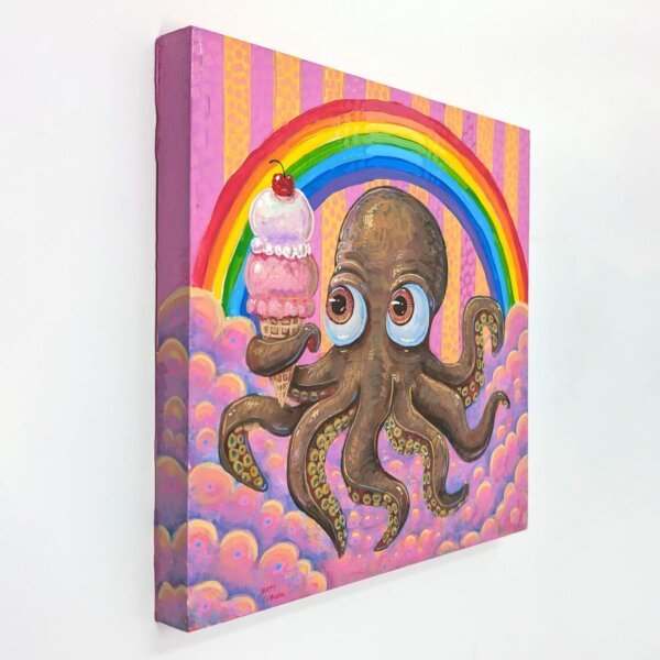 "Rainbow Ice Cream Octopus" original acrylic painting on wood by Matt Godwin 8"x8"