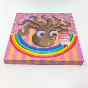 "Rainbow Ice Cream Octopus" original acrylic painting on wood by Matt Godwin 8"x8"