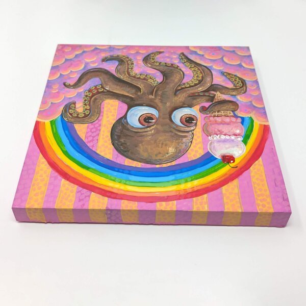 "Rainbow Ice Cream Octopus" original acrylic painting on wood by Matt Godwin 8"x8"