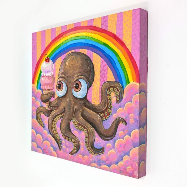 "Rainbow Ice Cream Octopus" original acrylic painting on wood by Matt Godwin 8"x8"