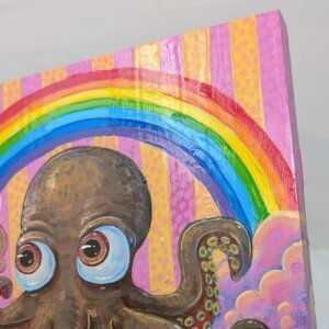 "Rainbow Ice Cream Octopus" original acrylic painting on wood by Matt Godwin 8"x8"