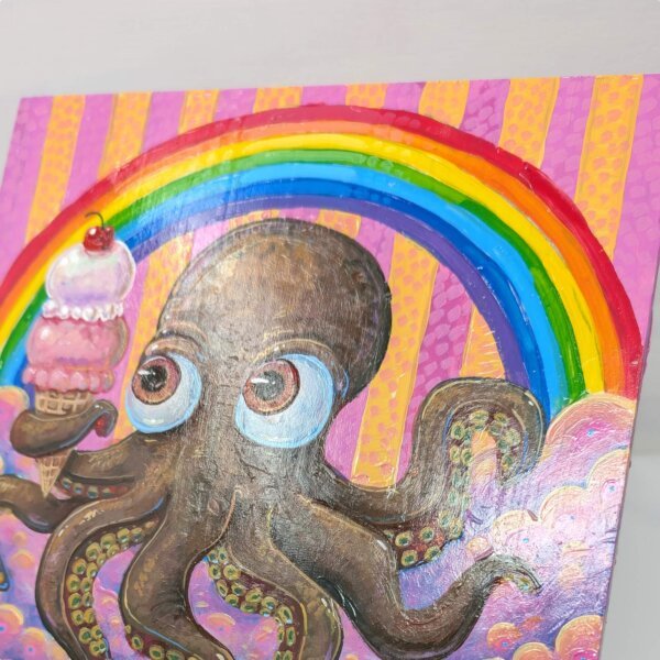 "Rainbow Ice Cream Octopus" original acrylic painting on wood by Matt Godwin 8"x8"