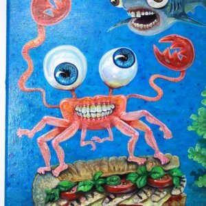 "Submarine Crab With Shark Friend" original acrylic painting on canvas by Matt Godwin 14"x18"