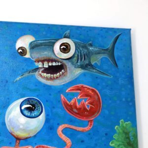 "Submarine Crab With Shark Friend" original acrylic painting on canvas by Matt Godwin 14"x18"
