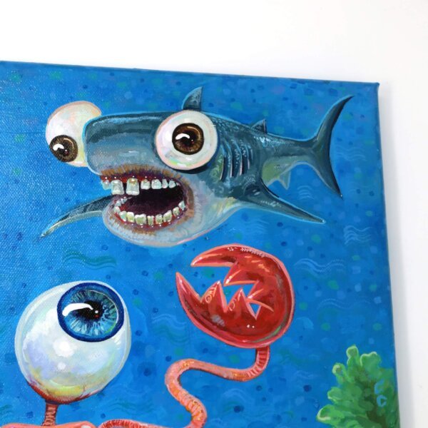 "Submarine Crab With Shark Friend" original acrylic painting on canvas by Matt Godwin 14"x18"