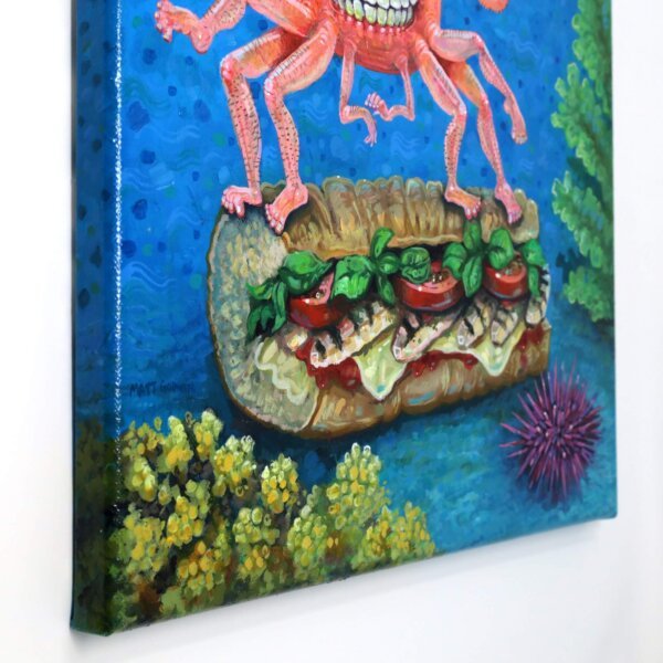 "Submarine Crab With Shark Friend" original acrylic painting on canvas by Matt Godwin 14"x18"