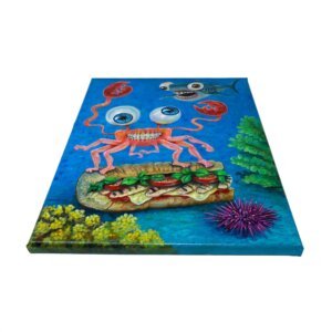 "Submarine Crab With Shark Friend" original acrylic painting on canvas by Matt Godwin 14"x18"