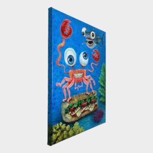 "Submarine Crab With Shark Friend" original acrylic painting on canvas by Matt Godwin 14"x18"