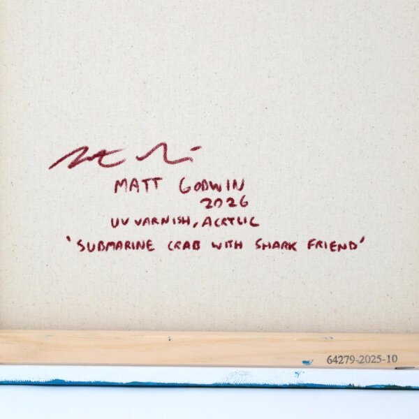 "Submarine Crab With Shark Friend" original acrylic painting on canvas by Matt Godwin 14"x18"