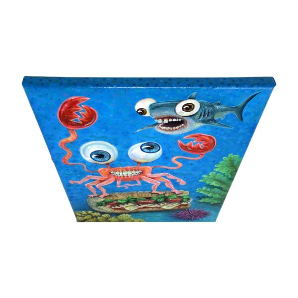 "Submarine Crab With Shark Friend" original acrylic painting on canvas by Matt Godwin 14"x18"