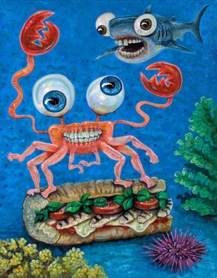 Submarine Crab With Shark Friend, 14"x18"