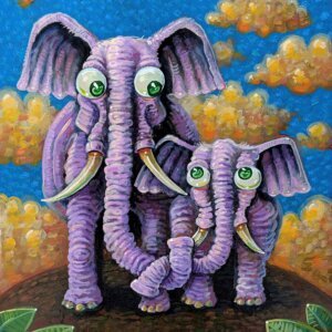 Baby Elephant With Loving Parent, 9"x12"