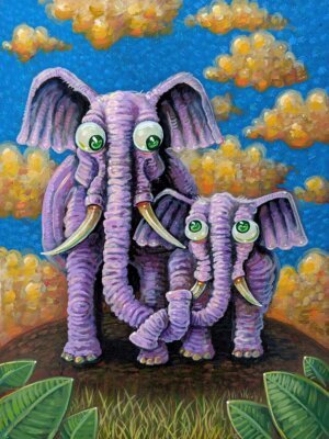 Baby Elephant With Loving Parent, 9"x12"