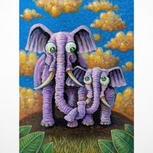 "Baby Elephant With Loving Parent" original acrylic painting on canvas panel by Matt Godwin 9"x12"