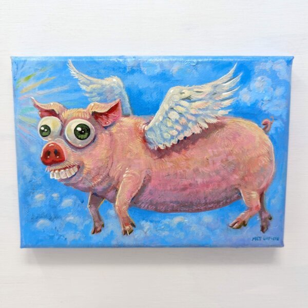 "Flying Pig" original acrylic painting on canvas by Matt Godwin 5"x7"