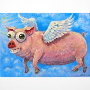 "Flying Pig" original acrylic painting on canvas by Matt Godwin 5"x7"