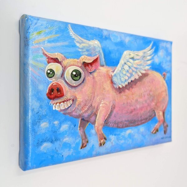 "Flying Pig" original acrylic painting on canvas by Matt Godwin 5"x7"