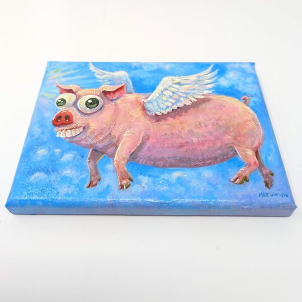 "Flying Pig" original acrylic painting on canvas by Matt Godwin 5"x7"