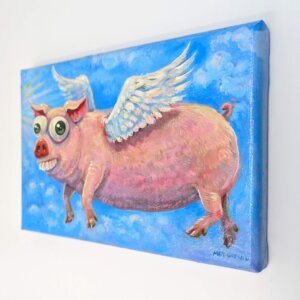 "Flying Pig" original acrylic painting on canvas by Matt Godwin 5"x7"