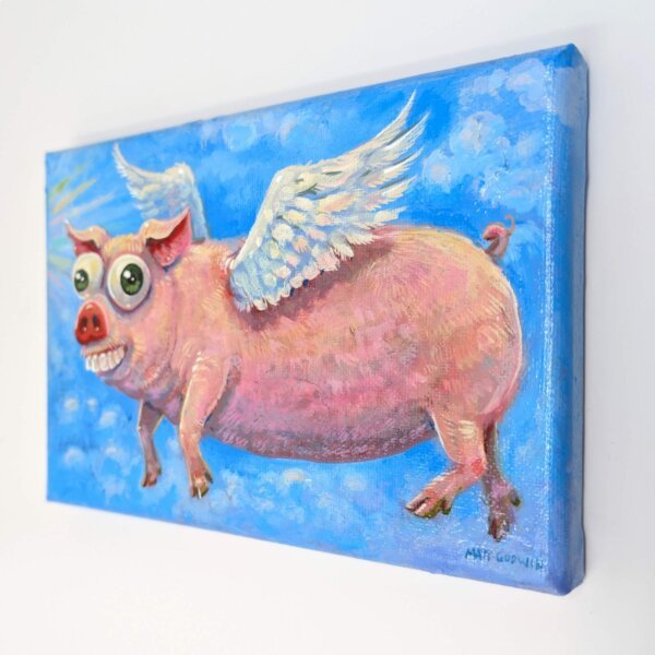 "Flying Pig" original acrylic painting on canvas by Matt Godwin 5"x7"
