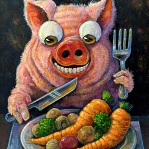 "Pig Having Dinner" original acrylic painting on canvas panel by Matt Godwin 9"x12"