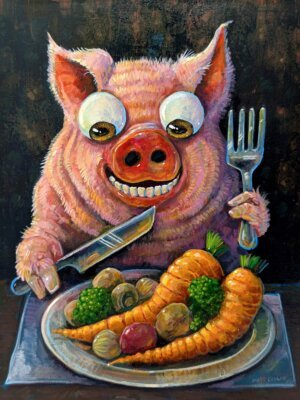 Pig Having Dinner, 9"x12"