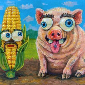 Pig With Corn Friend, 7"x5"