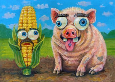 Pig With Corn Friend, 7"x5"