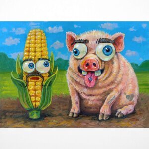 "Pig With Corn Friend" original acrylic painting on wood by Matt Godwin 7"x5"