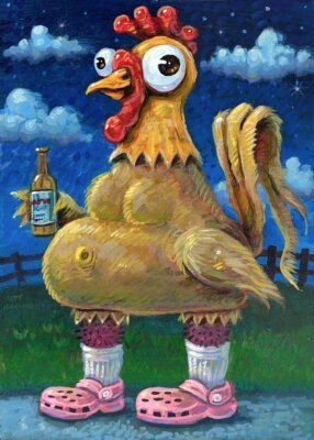 Rooster With Beer, 5"x7"